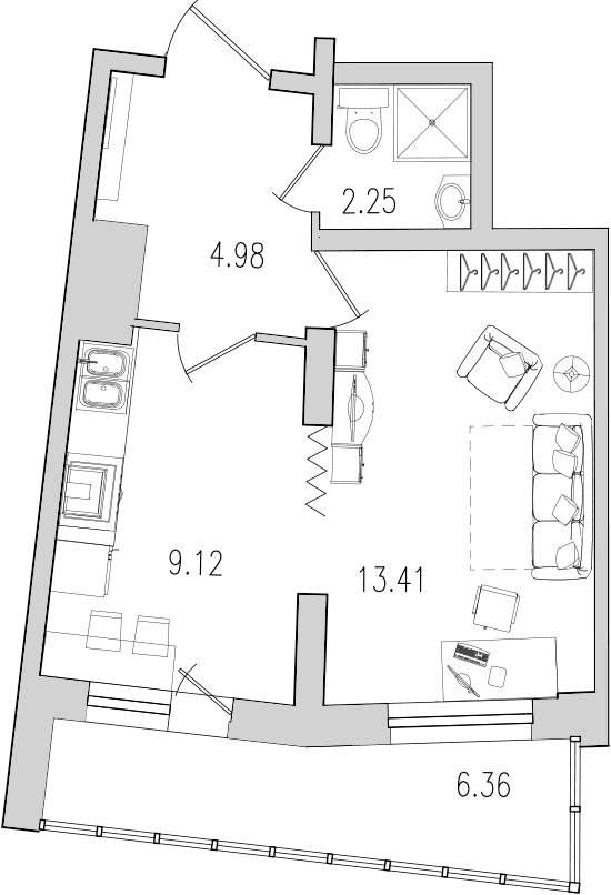 1-комнатная квартира, 36.2 м² - планировка, фото №1