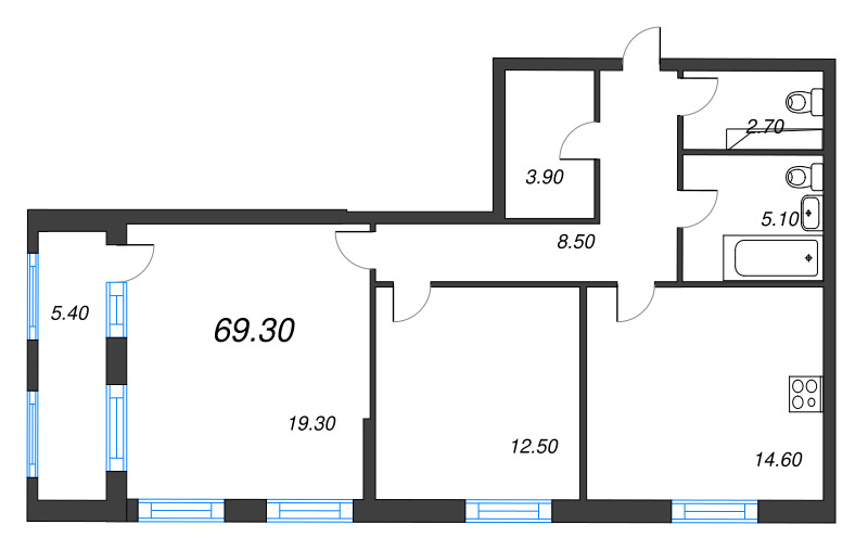 2-комнатная квартира, 69.3 м² - планировка, фото №1