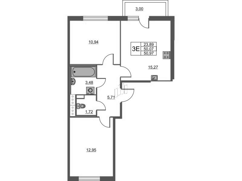 3-комнатная (Евро) квартира, 50.97 м² - планировка, фото №1