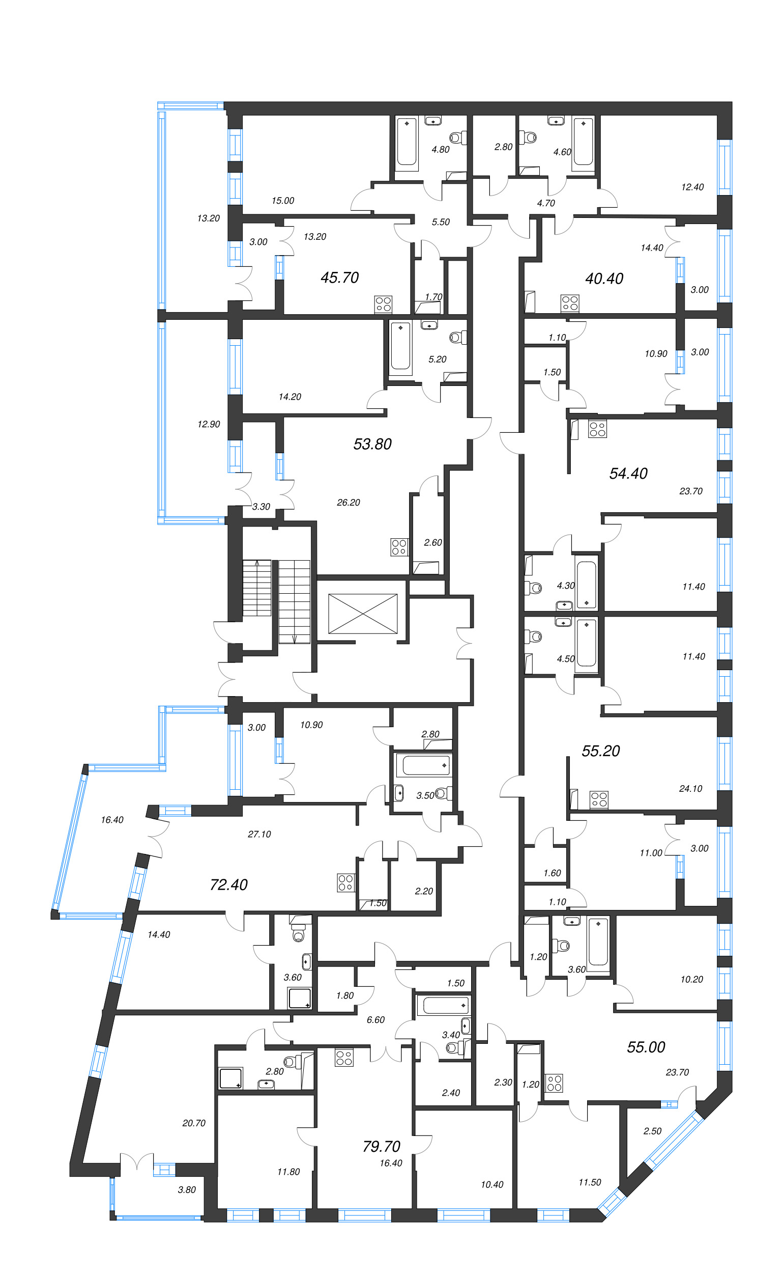 1-комнатная квартира, 40.4 м² в ЖК "NewПитер 2.0" - планировка этажа