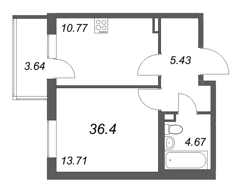 1-комнатная квартира, 36.4 м² в ЖК "Новая история" - планировка, фото №1