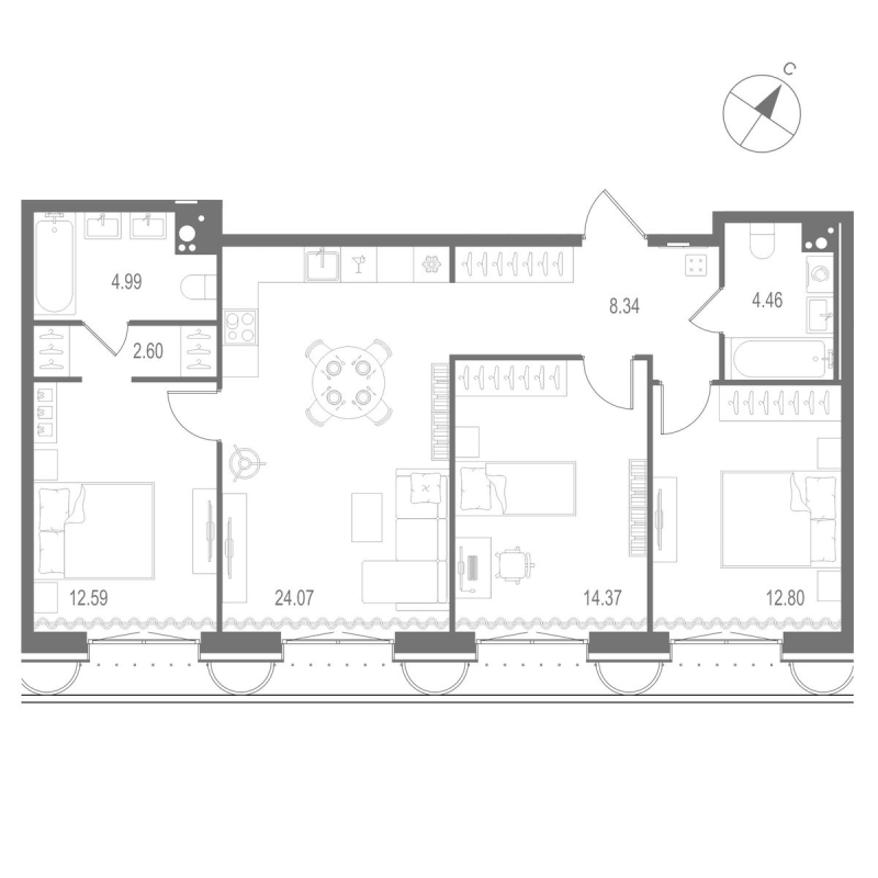 4-комнатная (Евро) квартира, 84.22 м² в ЖК "Остров Первых" - планировка, фото №1