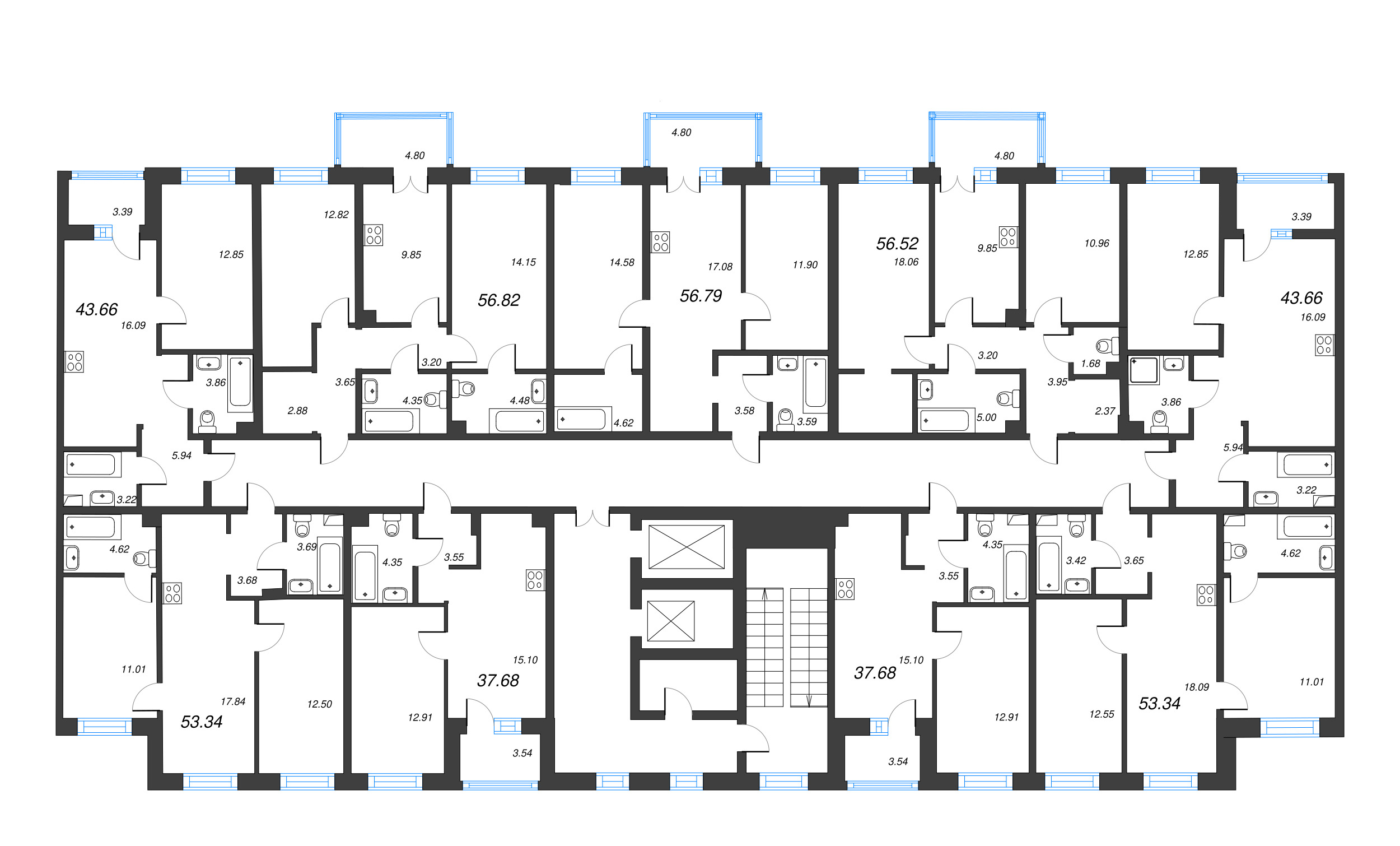 2-комнатная (Евро) квартира, 37.68 м² в ЖК "Тишин" - планировка этажа
