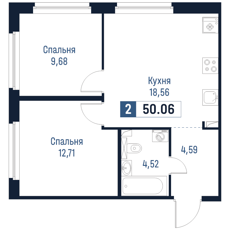 3-комнатная (Евро) квартира, 50.06 м² в ЖК "Максималист" - планировка, фото №1