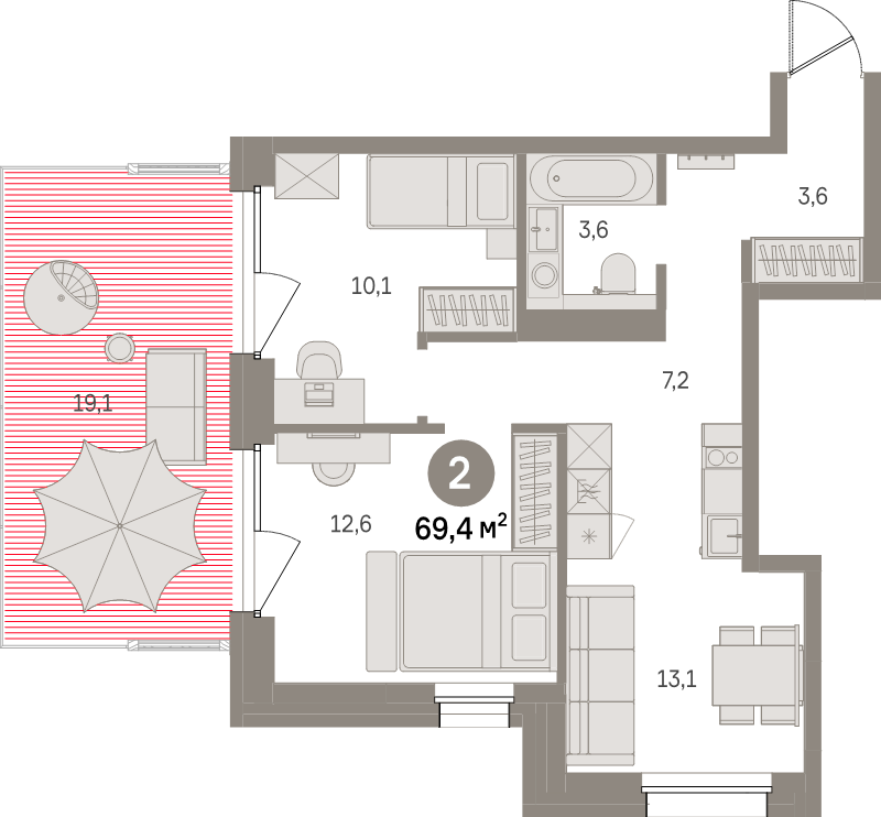 3-комнатная (Евро) квартира, 69.4 м² в ЖК "Северный ветер" - планировка, фото №1