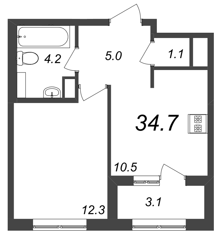 1-комнатная квартира, 34.6 м² - планировка, фото №1