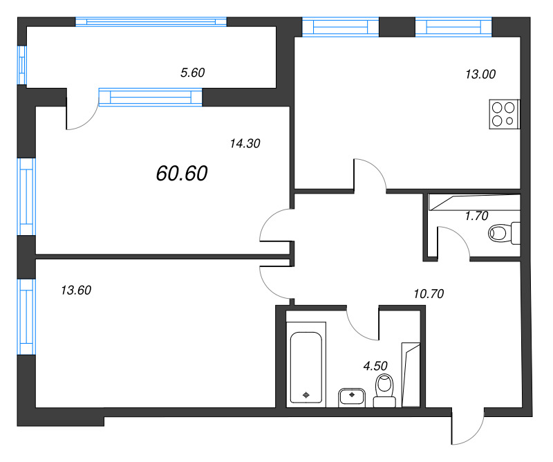 2-комнатная квартира, 60.6 м² в ЖК "Тайм Сквер" - планировка, фото №1