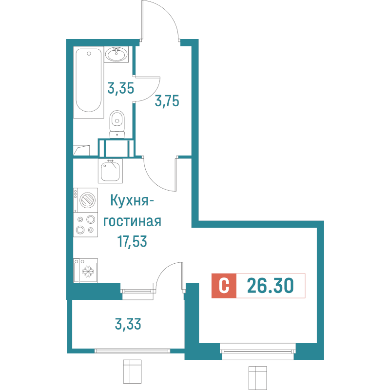 Квартира-студия, 26.3 м² в ЖК "Графика" - планировка, фото №1