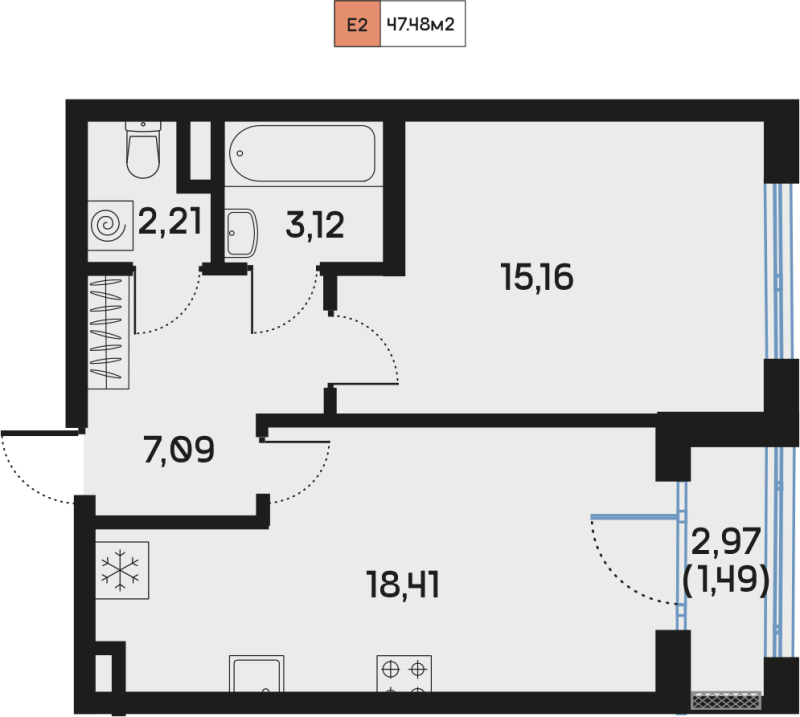 2-комнатная (Евро) квартира, 47.48 м² - планировка, фото №1