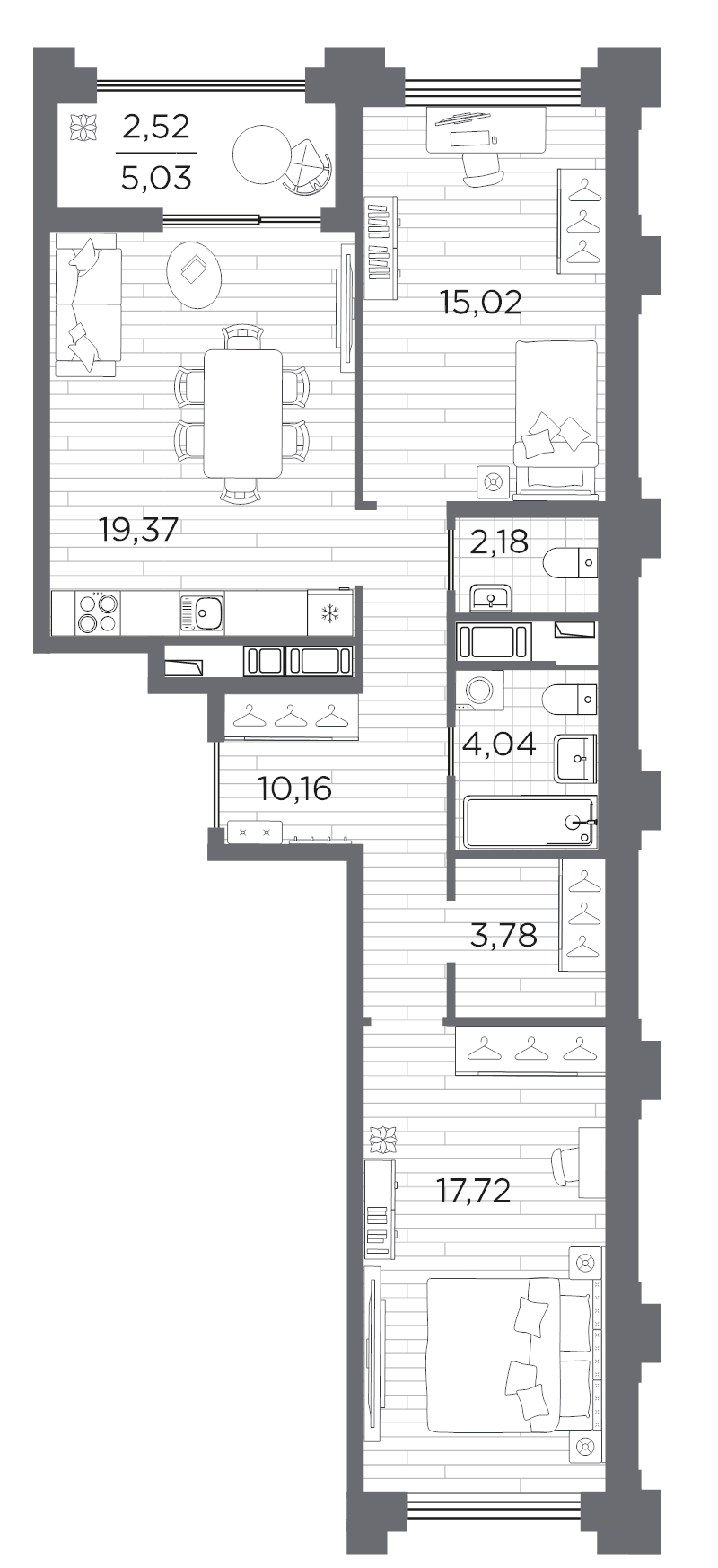 3-комнатная (Евро) квартира, 74.79 м² в ЖК "Ассамблея" - планировка, фото №1