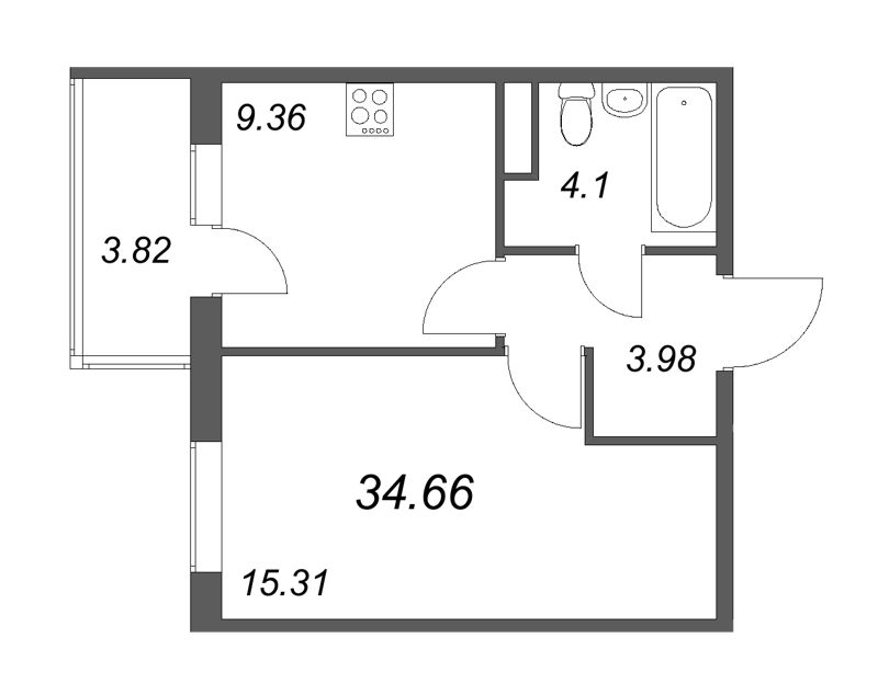 1-комнатная квартира, 34.66 м² в ЖК "Новая история" - планировка, фото №1