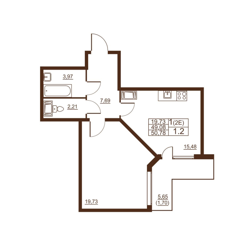 1-комнатная квартира, 50.78 м² - планировка, фото №1