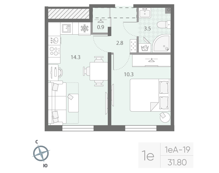 1-комнатная квартира, 31.8 м² в ЖК "Дыбенко Парк" - планировка, фото №1