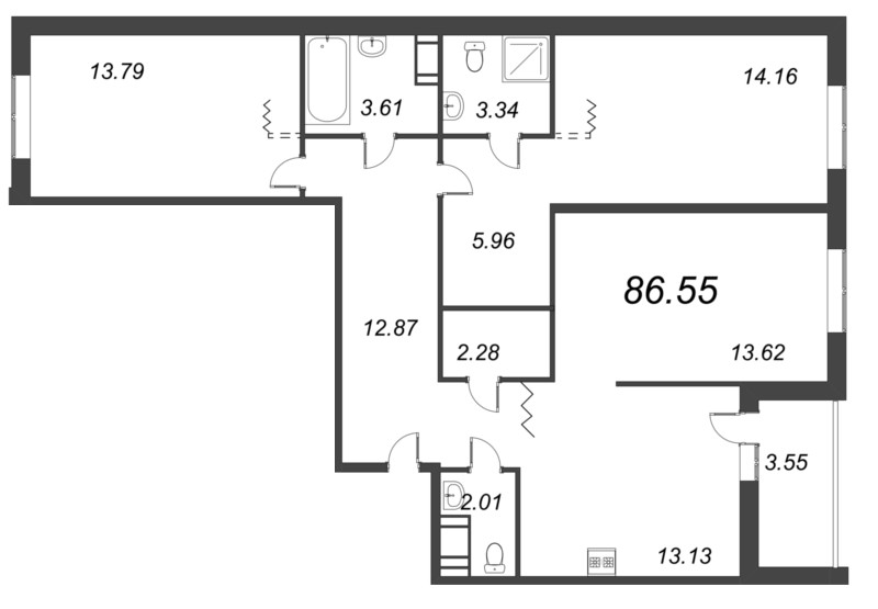 3-комнатная квартира, 87.4 м² - планировка, фото №1