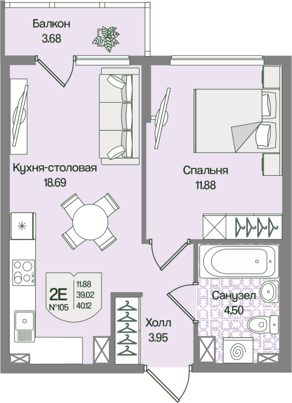 2-комнатная (Евро) квартира, 40.12 м² в ЖК "Охтинские высоты" - планировка, фото №1