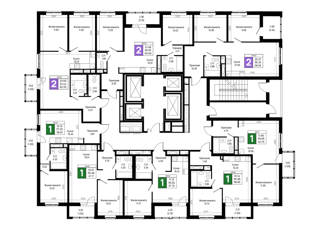 2-комнатная (Евро) квартира, 38.61 м² в ЖК "Имена" - планировка этажа