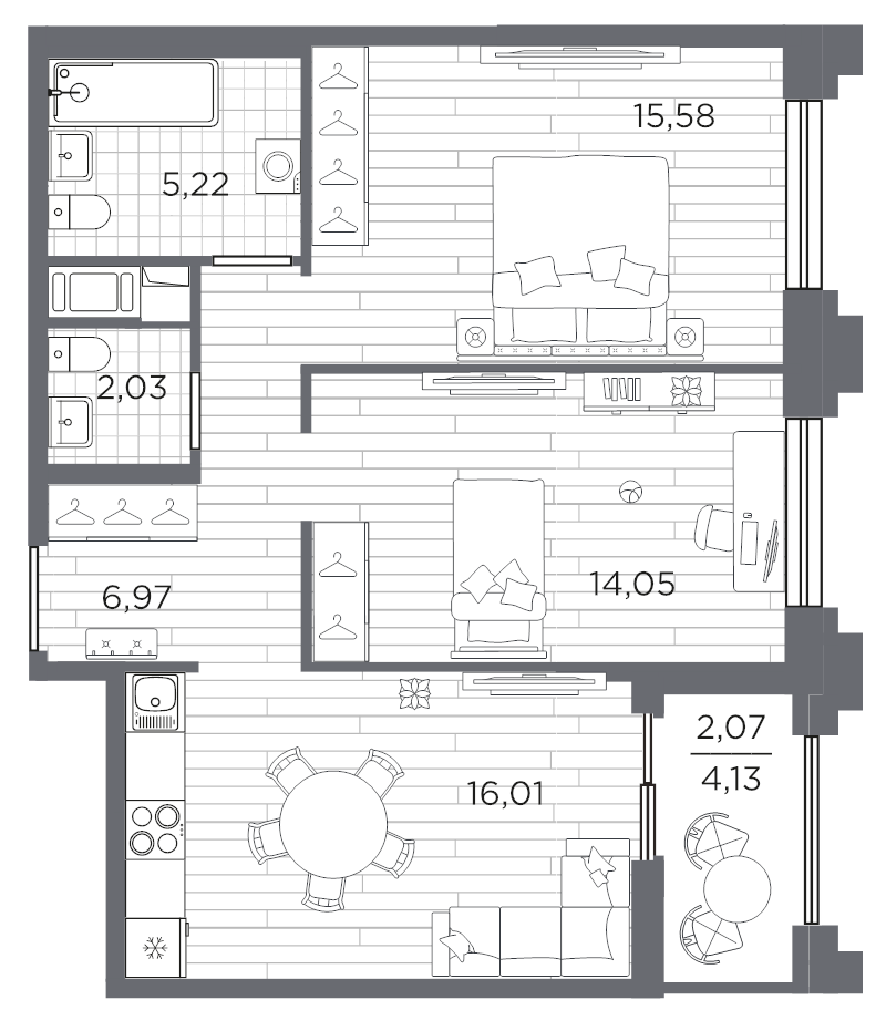 3-комнатная (Евро) квартира, 61.93 м² в ЖК "Ассамблея" - планировка, фото №1