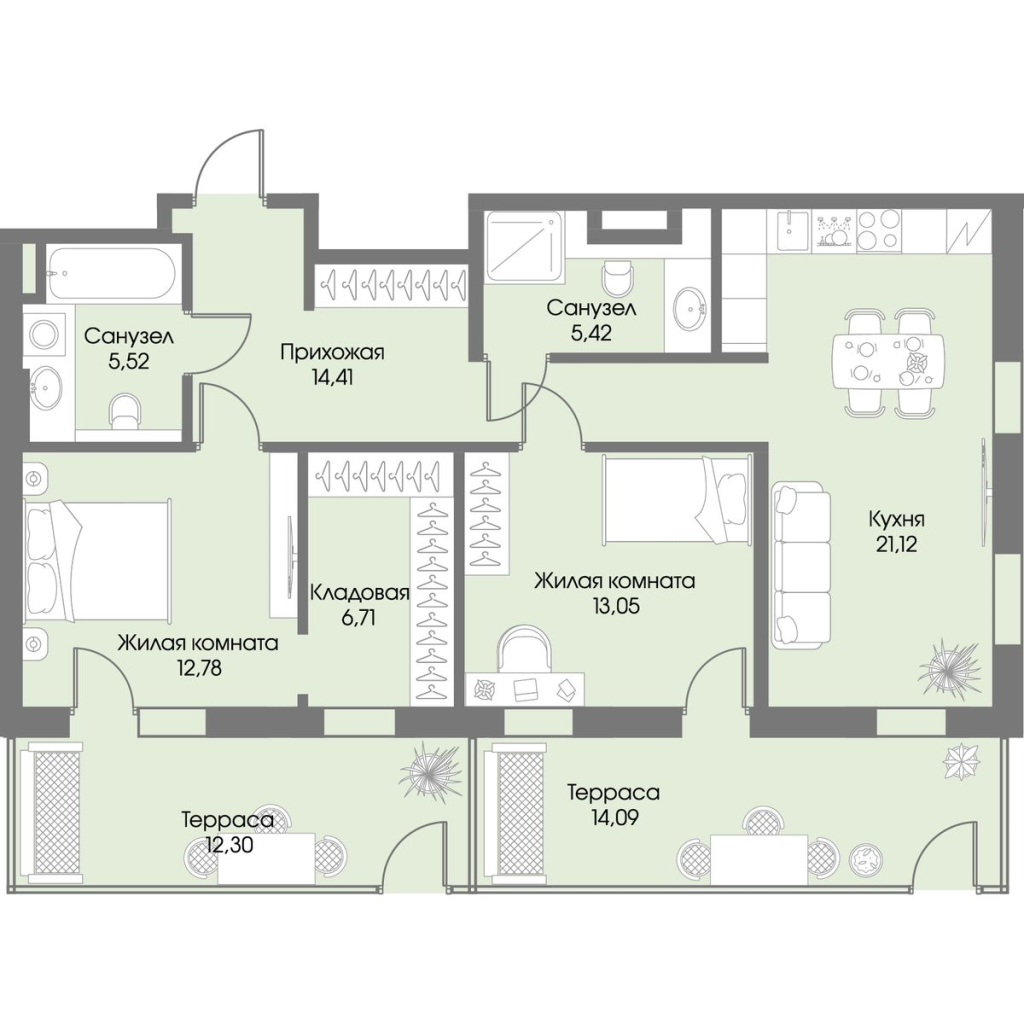 3-комнатная (Евро) квартира, 86.93 м² в ЖК "Рощино Residence" - планировка, фото №1