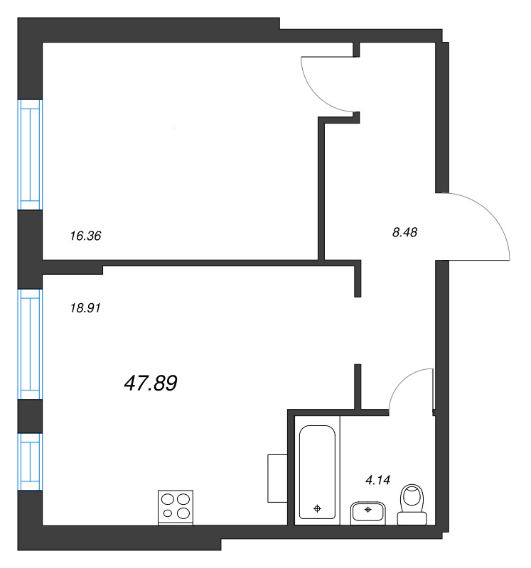 2-комнатная (Евро) квартира, 47.89 м² - планировка, фото №1