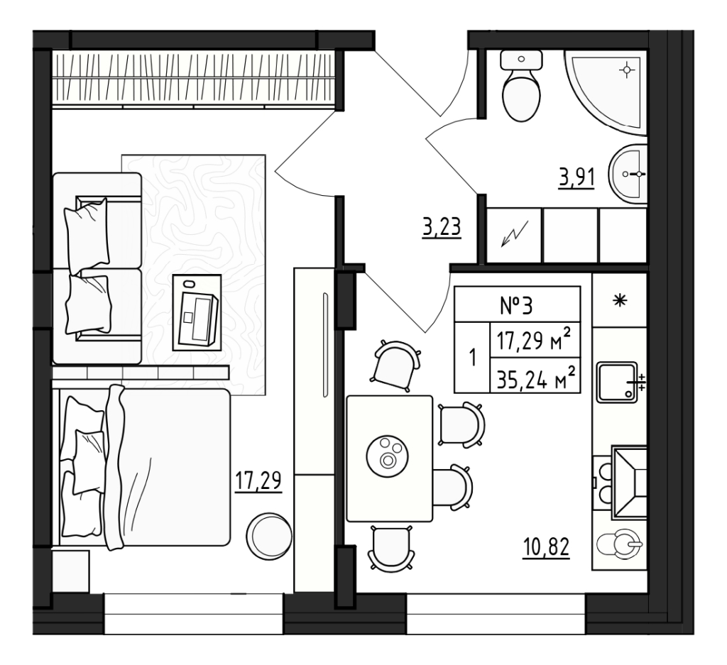 1-комнатная квартира, 35.24 м² - планировка, фото №1