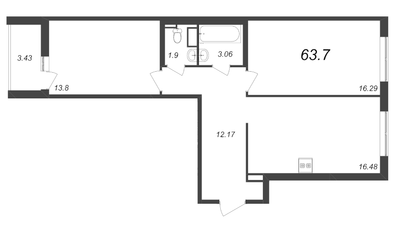 3-комнатная (Евро) квартира, 63.7 м² в ЖК "Чёрная речка от Ильича" - планировка, фото №1