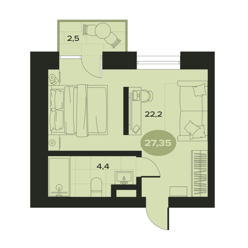 1-комнатная квартира, 29.1 м² в ЖК "Место в Смолячково" - планировка, фото №1