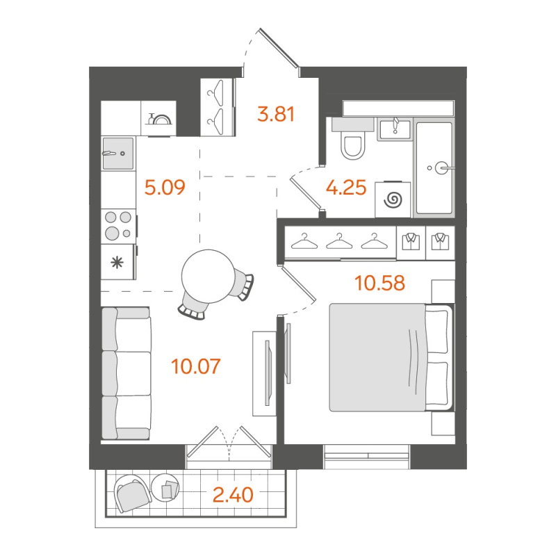 2-комнатная (Евро) квартира, 34.3 м² в ЖК "STAVNI Обводный" - планировка, фото №1