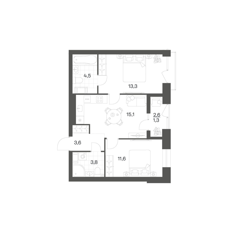 3-комнатная (Евро) квартира, 53.06 м² в ЖК "Новый Питер" - планировка, фото №1