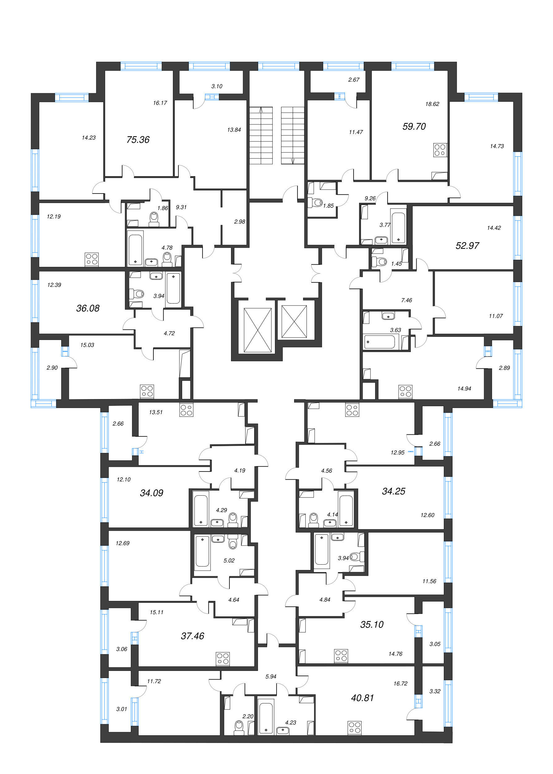2-комнатная (Евро) квартира, 35.1 м² в ЖК "Б15" - планировка этажа