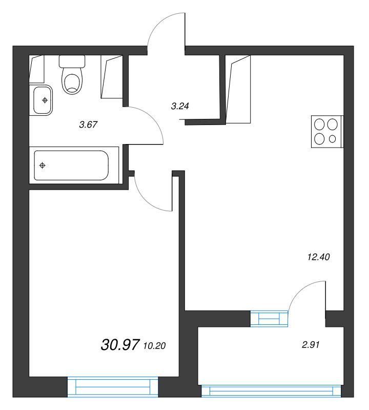 2-комнатная (Евро) квартира, 30.97 м² в ЖК "Кронунг Янино" - планировка, фото №1
