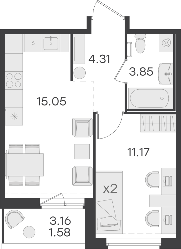 2-комнатная (Евро) квартира, 35.96 м² - планировка, фото №1