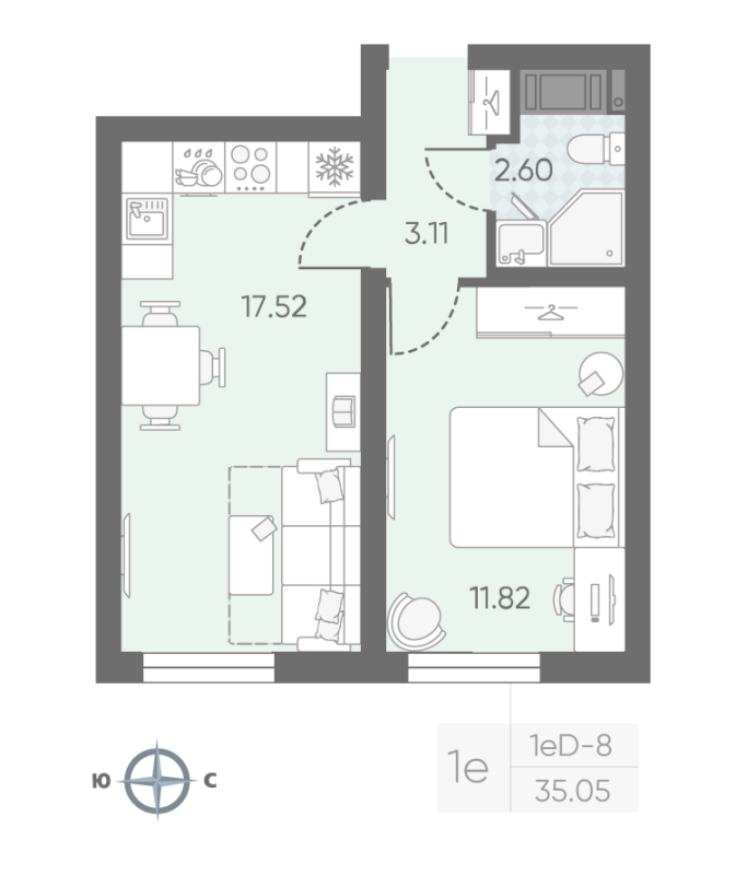 1-комнатная квартира, 35.05 м² в ЖК "Морская миля" - планировка, фото №1