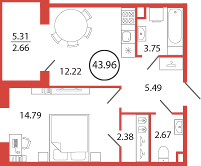 1-комнатная квартира, 43.96 м² в ЖК "Энфилд" - планировка, фото №1