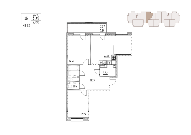 3-комнатная (Евро) квартира, 76 м² в ЖК "Loft у озера" - планировка, фото №1