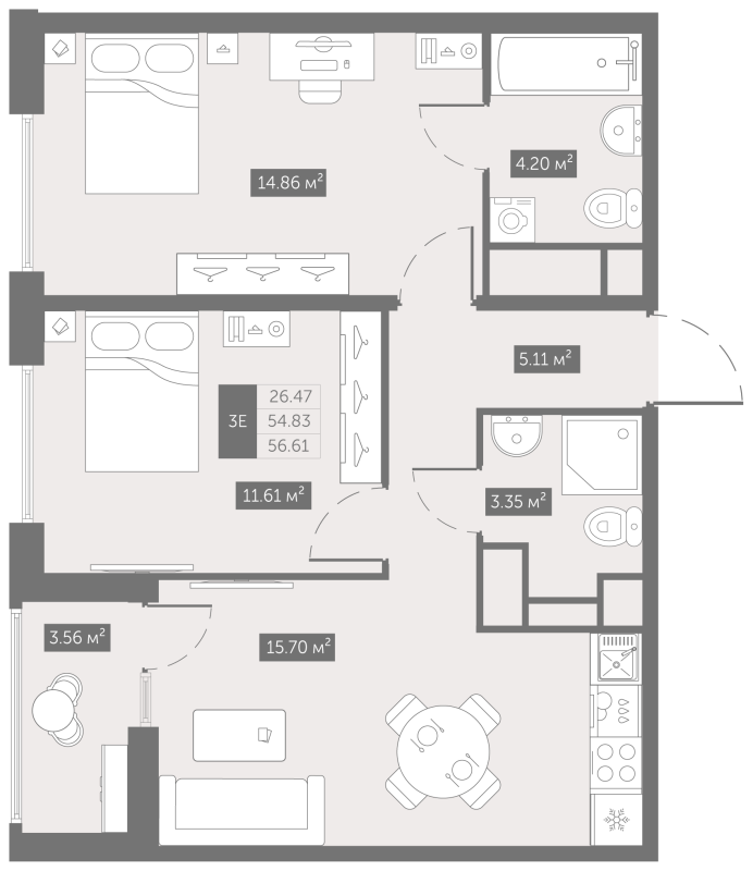 3-комнатная (Евро) квартира, 56.61 м² в ЖК "UP-квартал Новый Московский" - планировка, фото №1