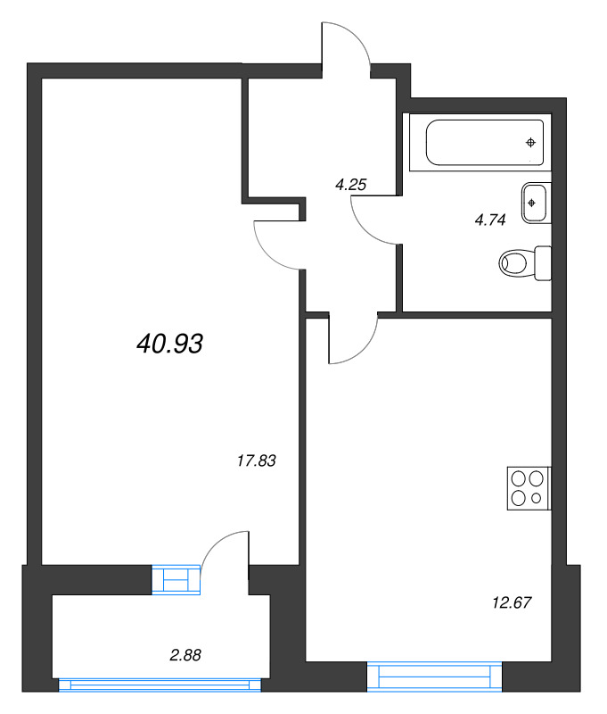 1-комнатная квартира, 40.93 м² - планировка, фото №1