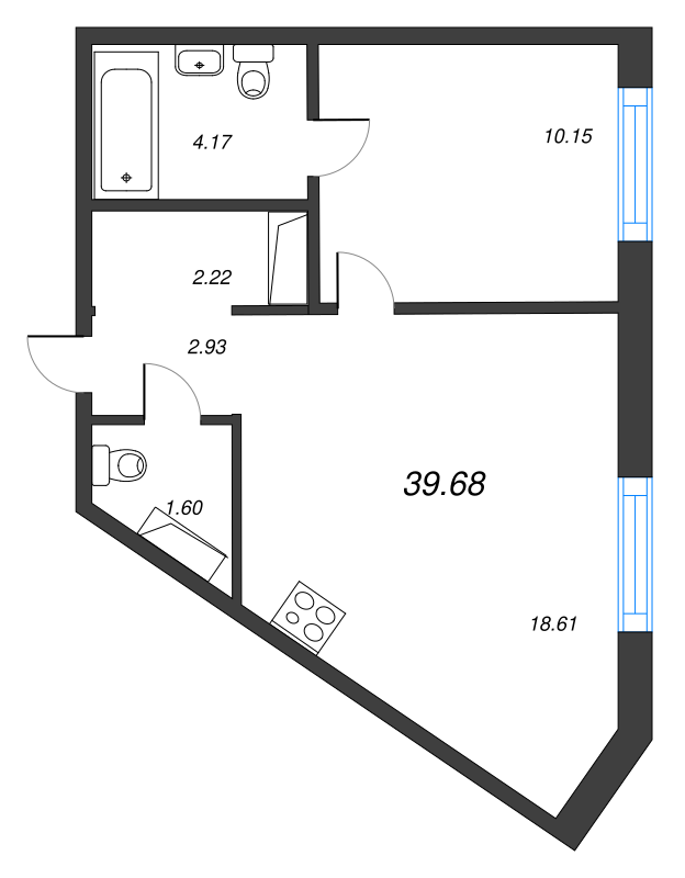 2-комнатная (Евро) квартира, 39.68 м² в ЖК "Jaanila Драйв" - планировка, фото №1
