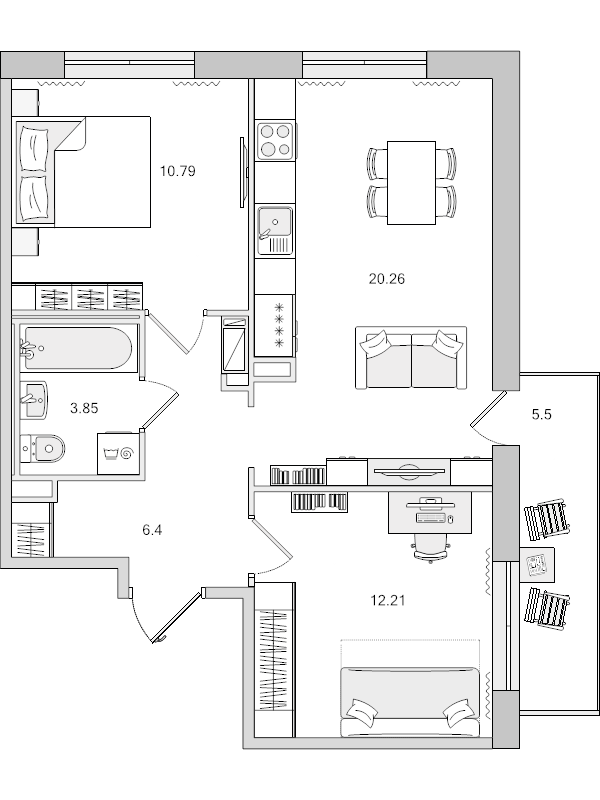 3-комнатная (Евро) квартира, 53.51 м² - планировка, фото №1