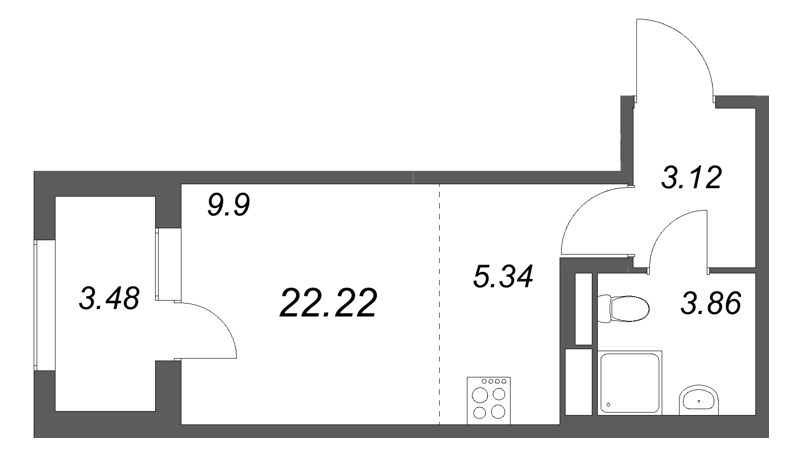 Квартира-студия, 22.22 м² в ЖК "Дубровский" - планировка, фото №1