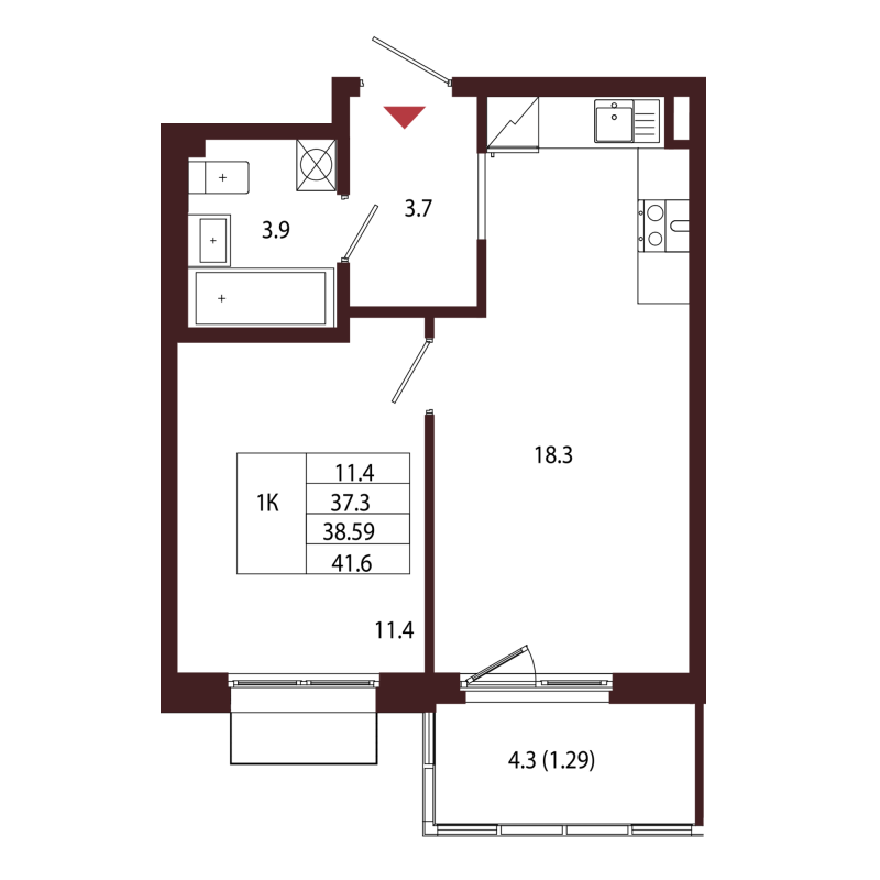 2-комнатная (Евро) квартира, 38.59 м² в ЖК "Лисино" - планировка, фото №1