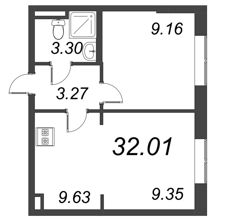 2-комнатная (Евро) квартира, 32.01 м² - планировка, фото №1