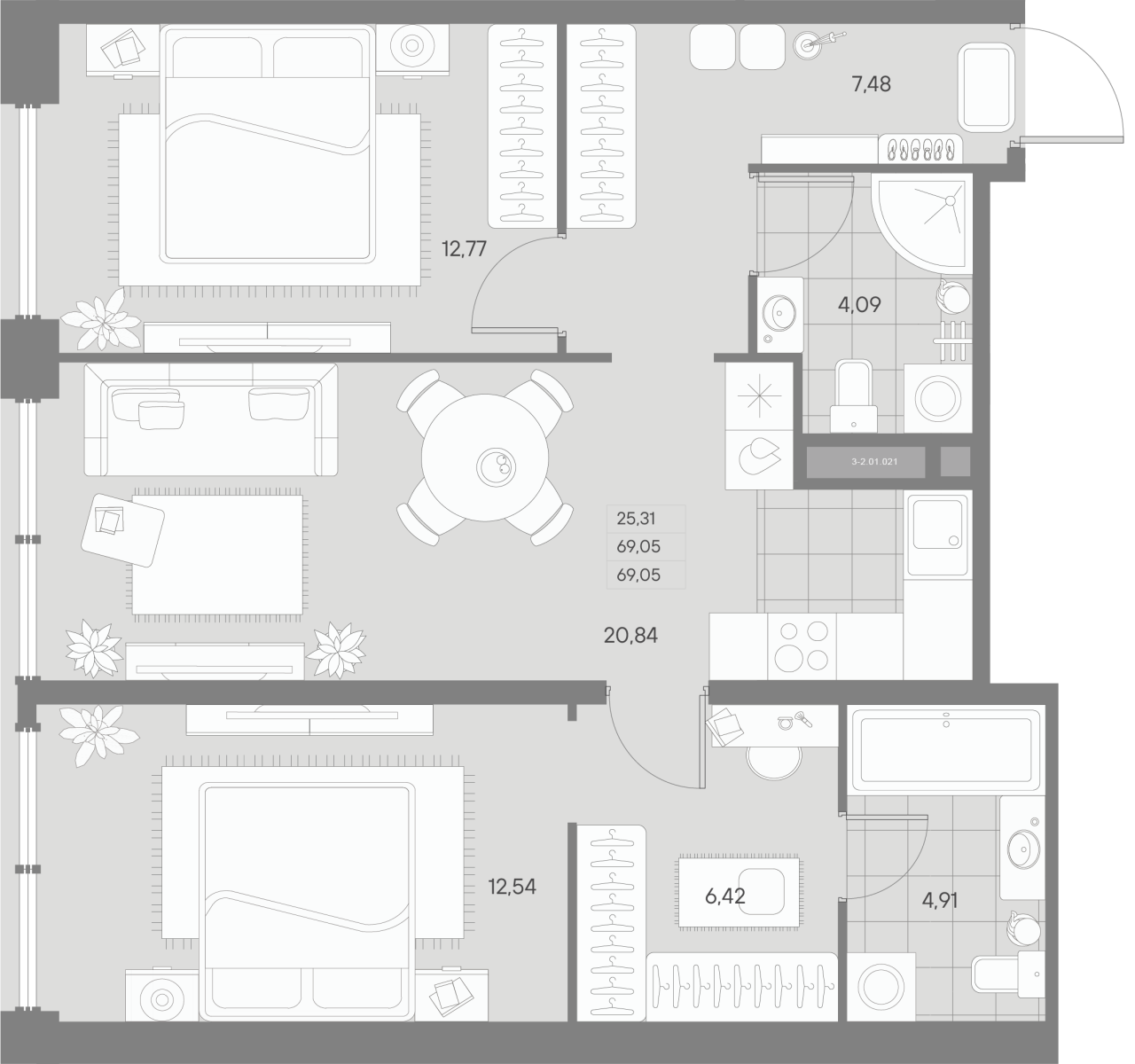 3-комнатная (Евро) квартира, 69.07 м² в ЖК "Avant" - планировка, фото №1