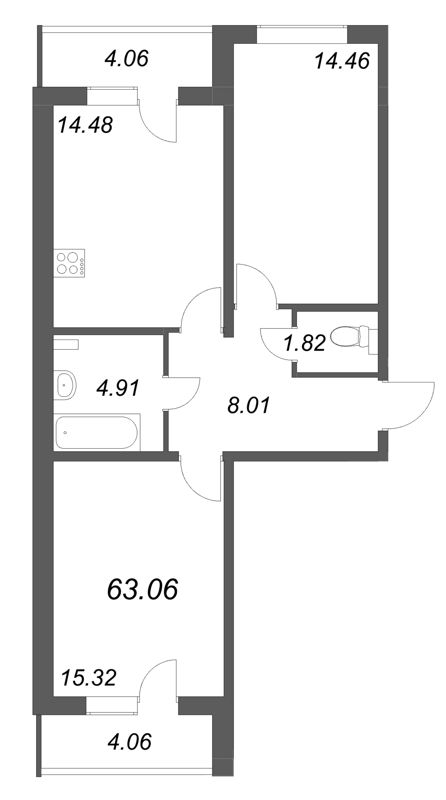 2-комнатная квартира, 63.06 м² в ЖК "АРО" - планировка, фото №1