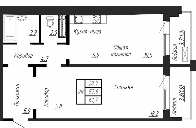 2-комнатная (Евро) квартира, 61.7 м² в ЖК "Сибирь" - планировка, фото №1