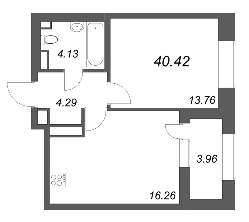 2-комнатная (Евро) квартира, 40.42 м² в ЖК "Аквилон Солар" - планировка, фото №1