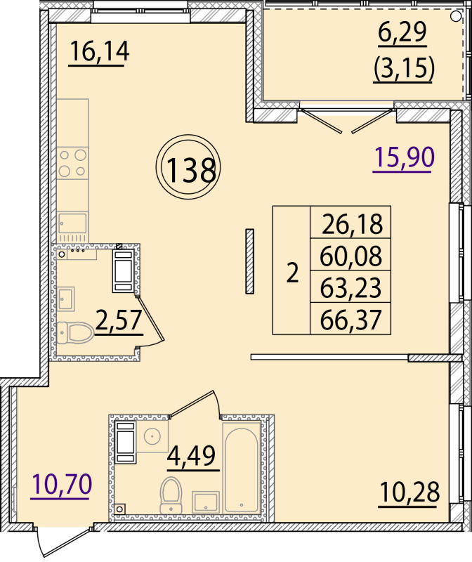 3-комнатная (Евро) квартира, 60.08 м² - планировка, фото №1