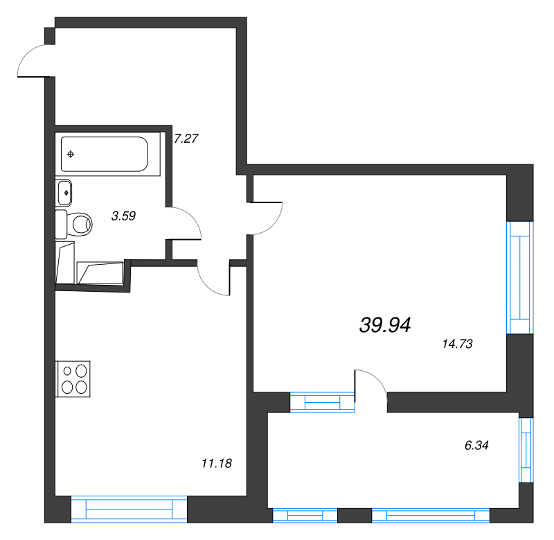 1-комнатная квартира, 39.94 м² - планировка, фото №1