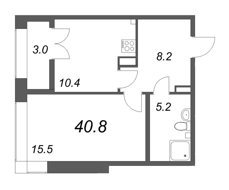 1-комнатная квартира, 40.8 м² - планировка, фото №1