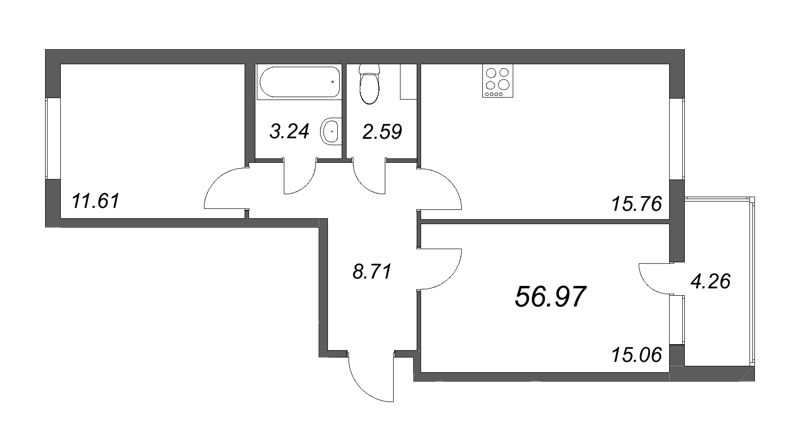 3-комнатная (Евро) квартира, 56.97 м² - планировка, фото №1