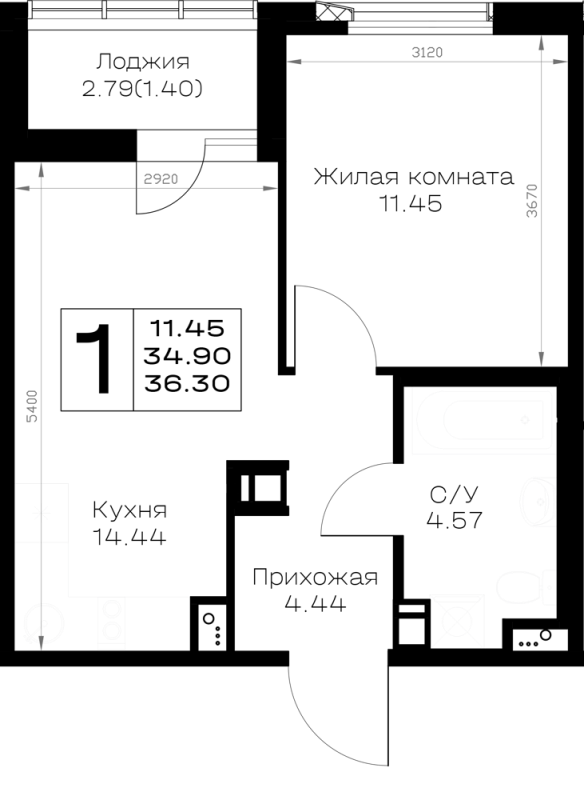 1-комнатная квартира, 36.3 м² в ЖК "Борский" - планировка, фото №1